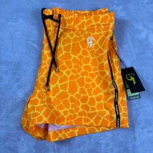 TUCANN Men's Orange Giraffe Print Swim Trunks Quick Dry Zip Pockets Size L NWT